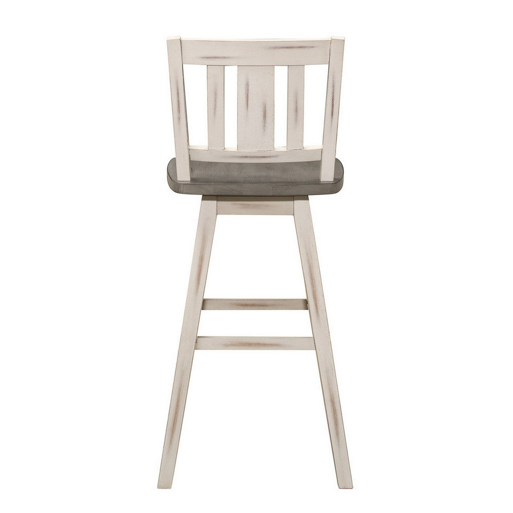 Benjara Ati 29 Inch Bar Height Stool Swivel Chairs Set of 2, Vertical Slat Back, Gray, White