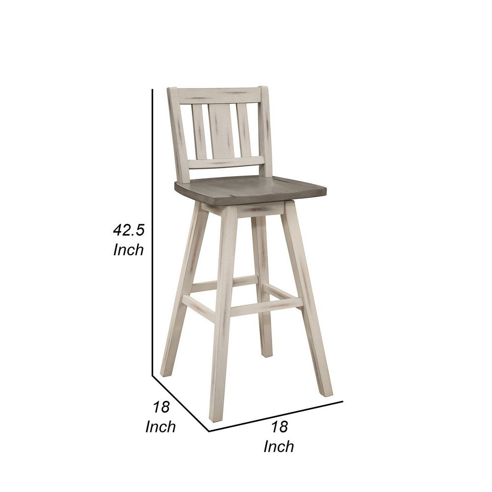 Benjara Ati 29 Inch Bar Height Stool Swivel Chairs Set of 2, Vertical Slat Back, Gray, White
