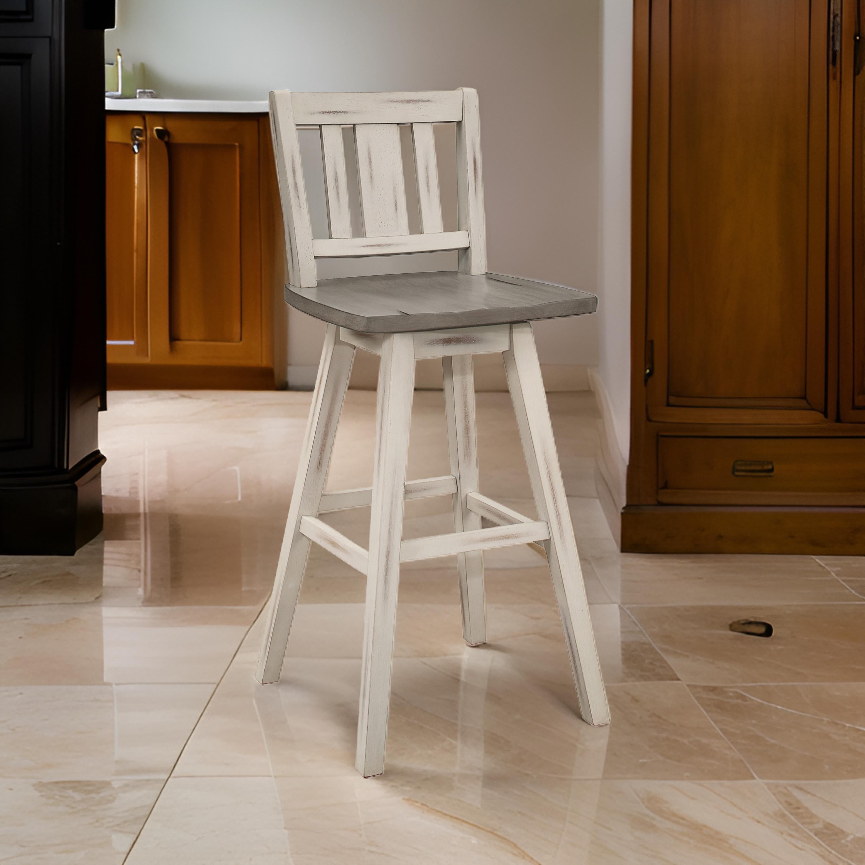 Benjara Ati 29 Inch Bar Height Stool Swivel Chairs Set of 2, Vertical Slat Back, Gray, White
