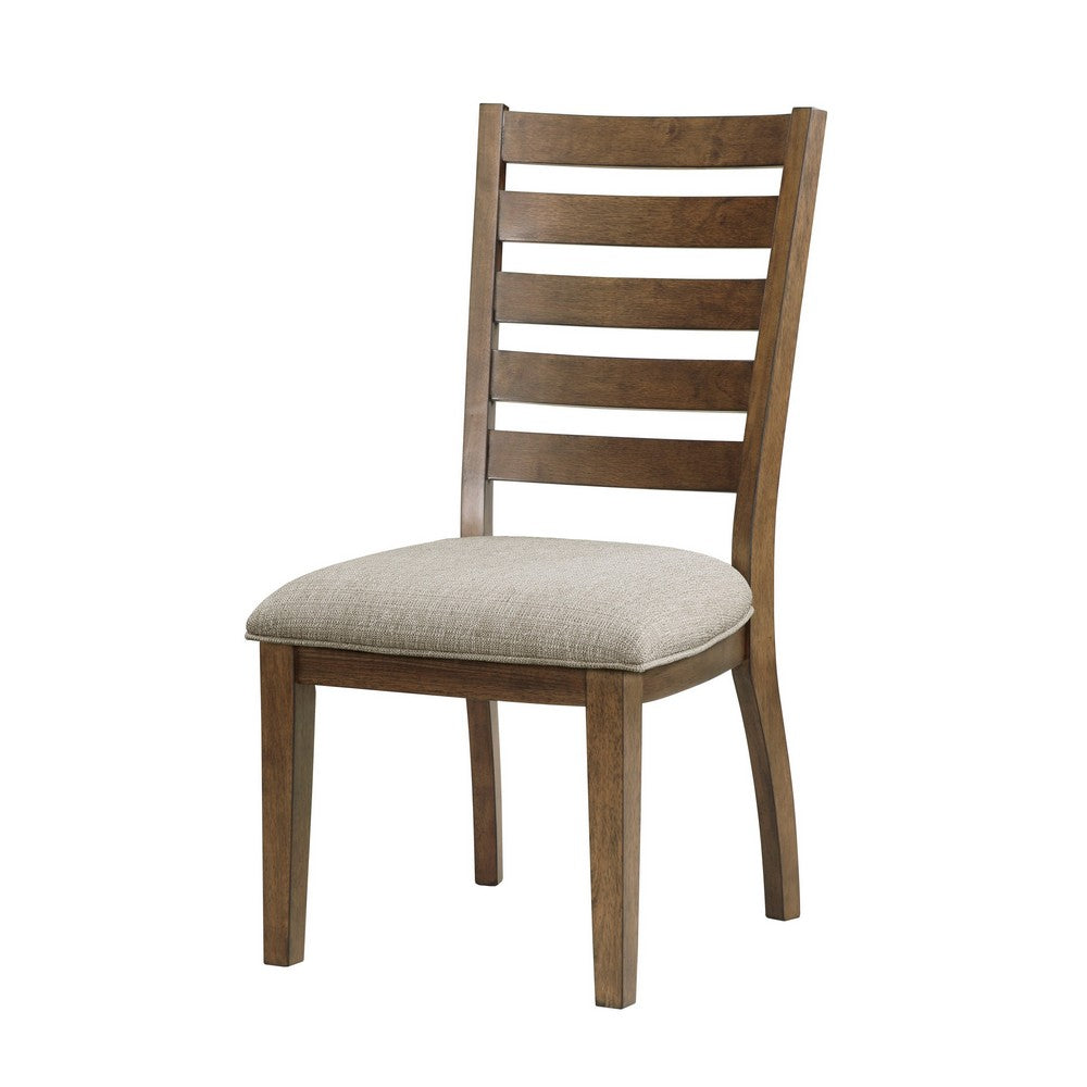Benjara Trea 23 Inch Side Dining Chairs Set of 2, Ladder Back, Brown, Beige Cushioned Seat
