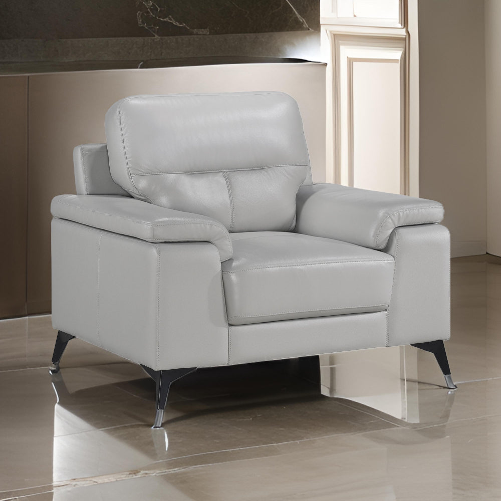 Benjara Mica 36 Inch Accent Chair, Metal Legs Light Gray Top Grain And Faux Leather