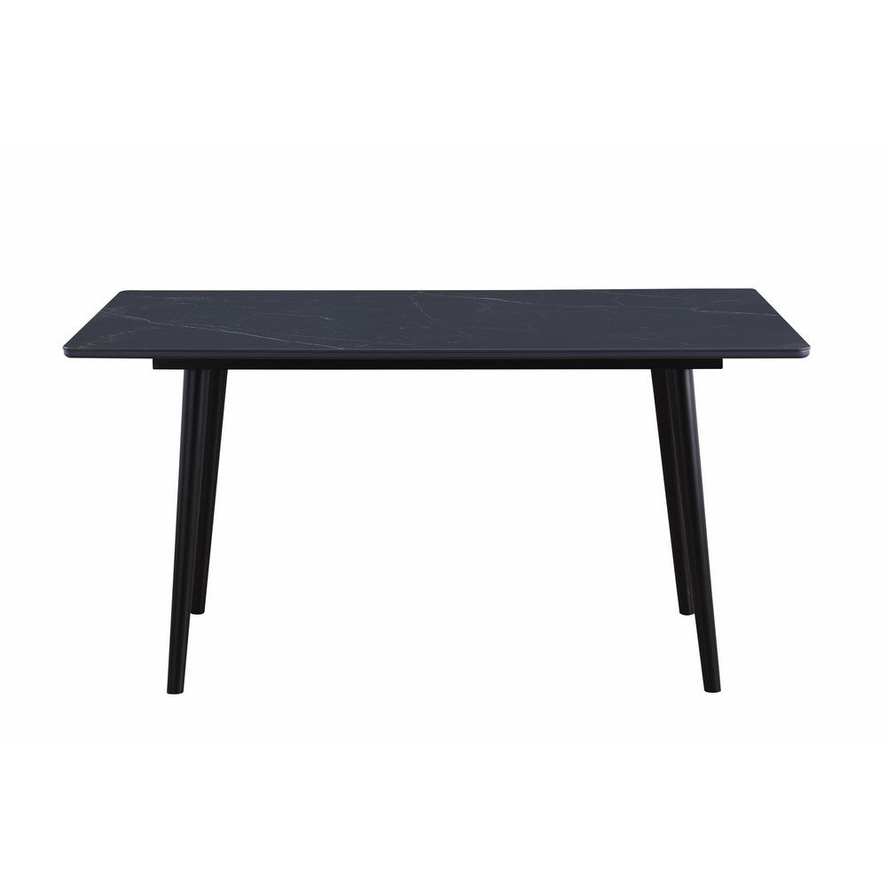 Benjara Aikya 60 Inch Dining Table, Black Sintered Stone, Tapered Metal Legs