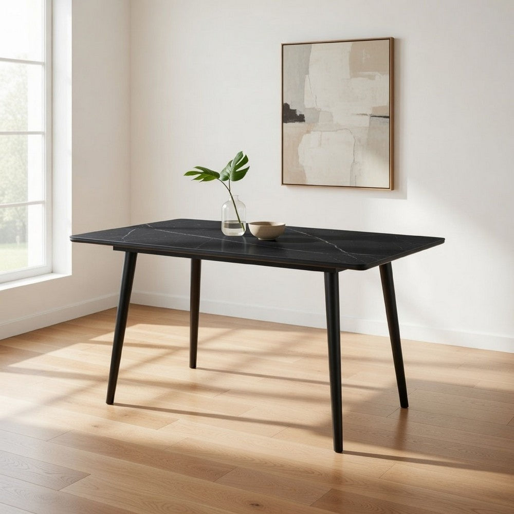 Benjara Aikya 60 Inch Dining Table, Black Sintered Stone, Tapered Metal Legs