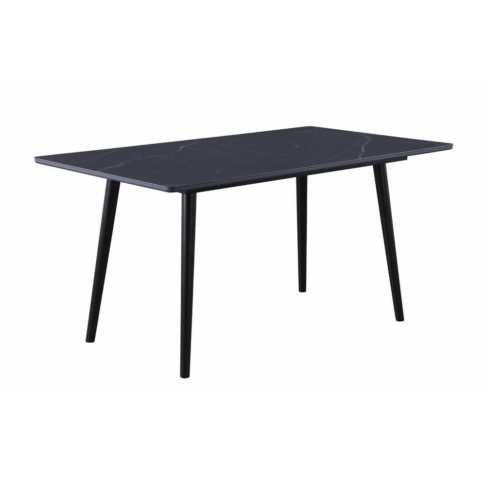 Benjara Aikya 60 Inch Dining Table, Black Sintered Stone, Tapered Metal Legs