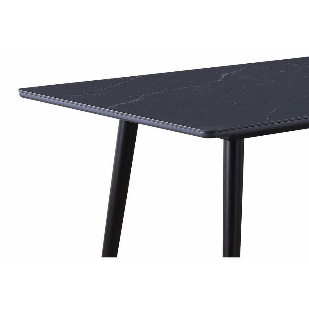 Benjara Aikya 60 Inch Dining Table, Black Sintered Stone, Tapered Metal Legs