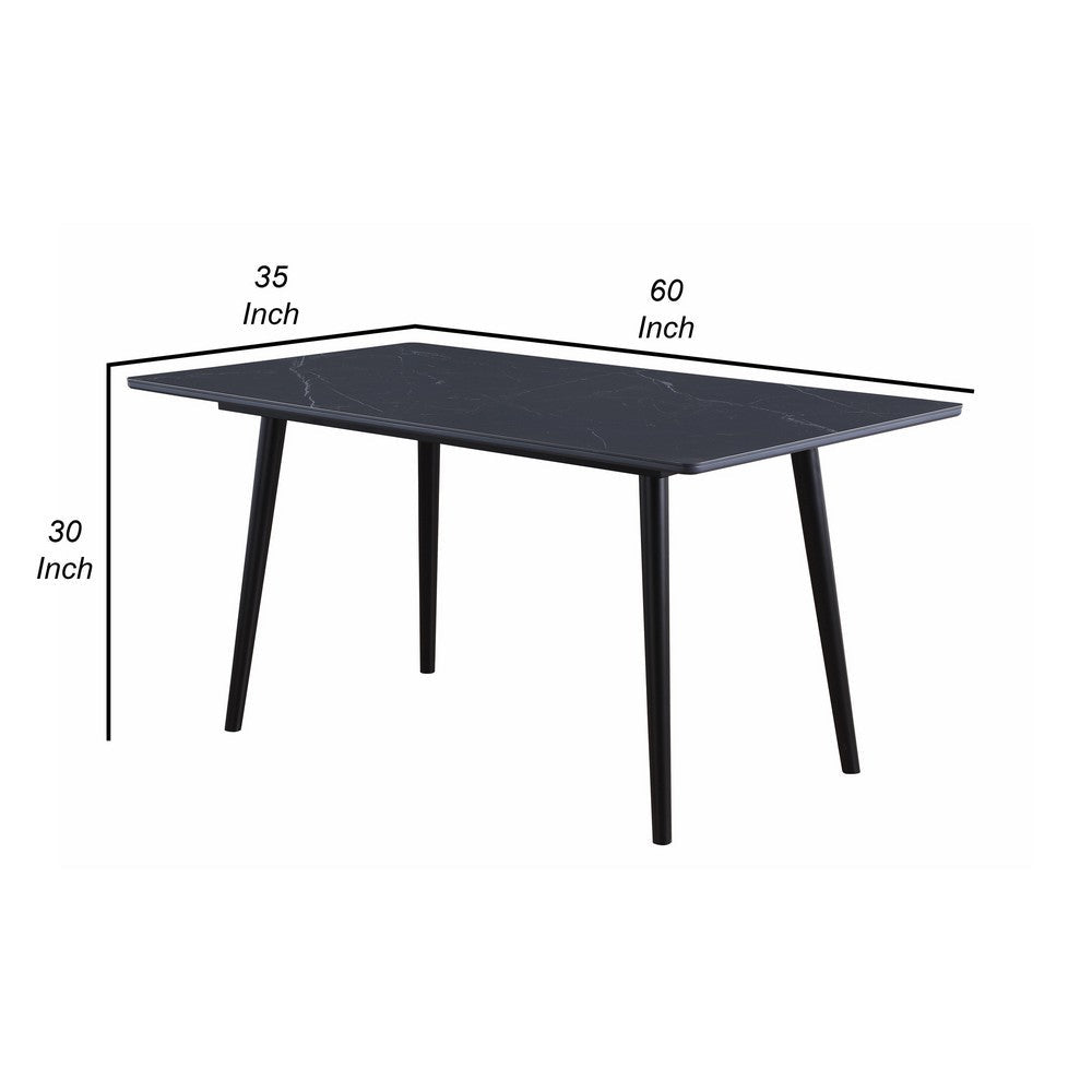 Benjara Aikya 60 Inch Dining Table, Black Sintered Stone, Tapered Metal Legs