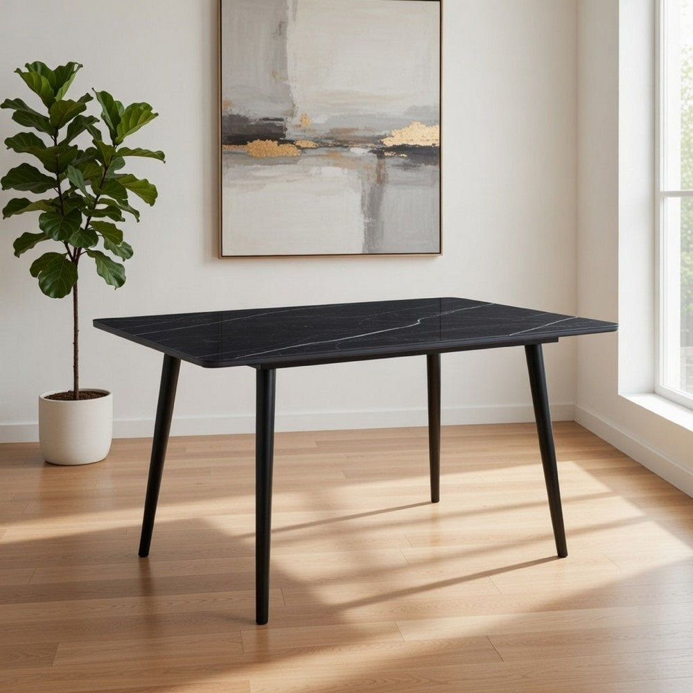 Benjara Aikya 60 Inch Dining Table, Black Sintered Stone, Tapered Metal Legs