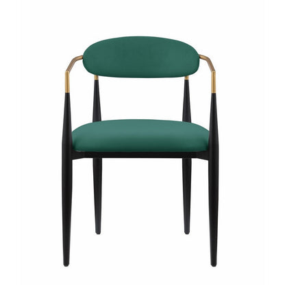 Benjara Kenny 21 Inch Dining Chairs Set of 2, Green Fabric, Foam Padded, Gold And Black Metal