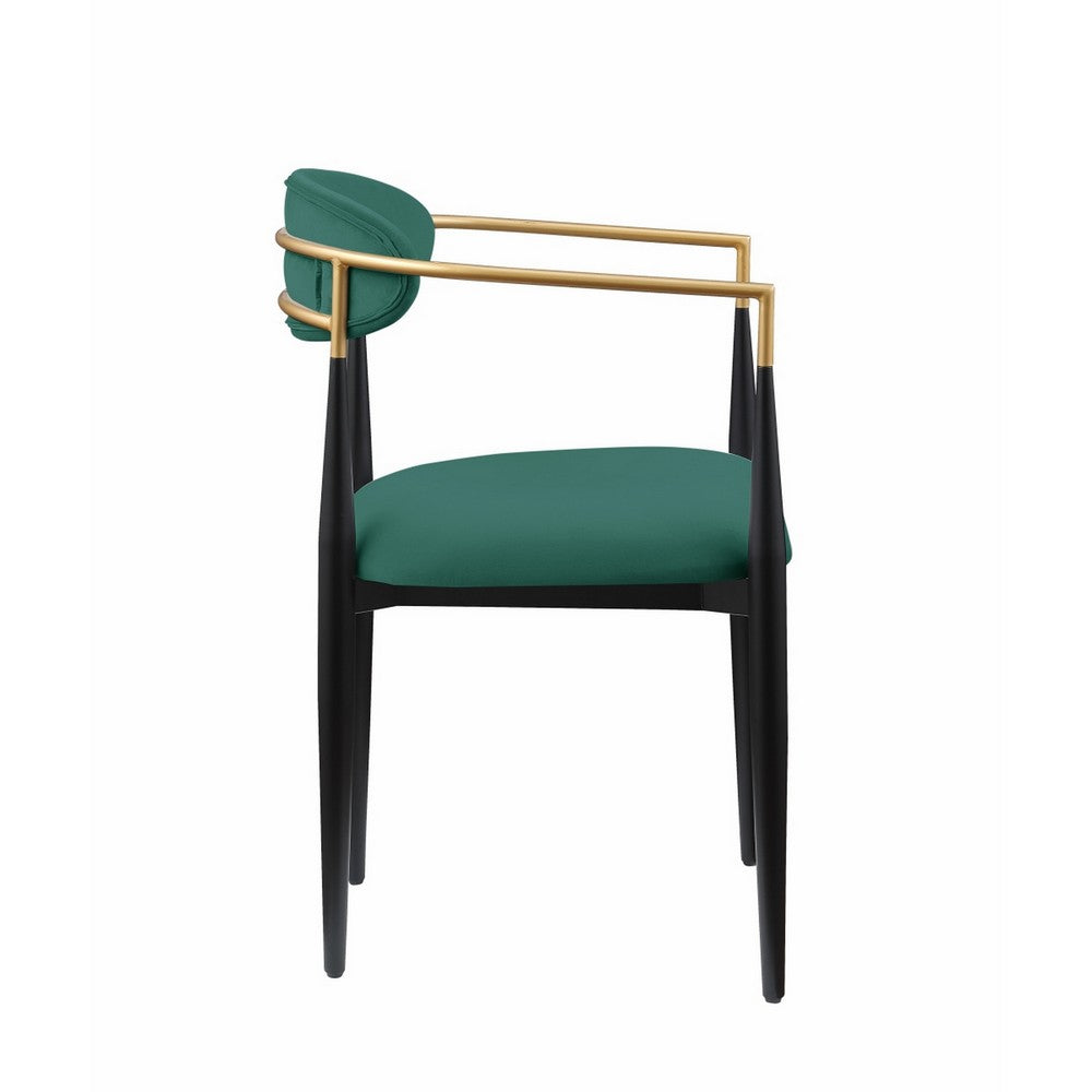 Benjara Kenny 21 Inch Dining Chairs Set of 2, Green Fabric, Foam Padded, Gold And Black Metal