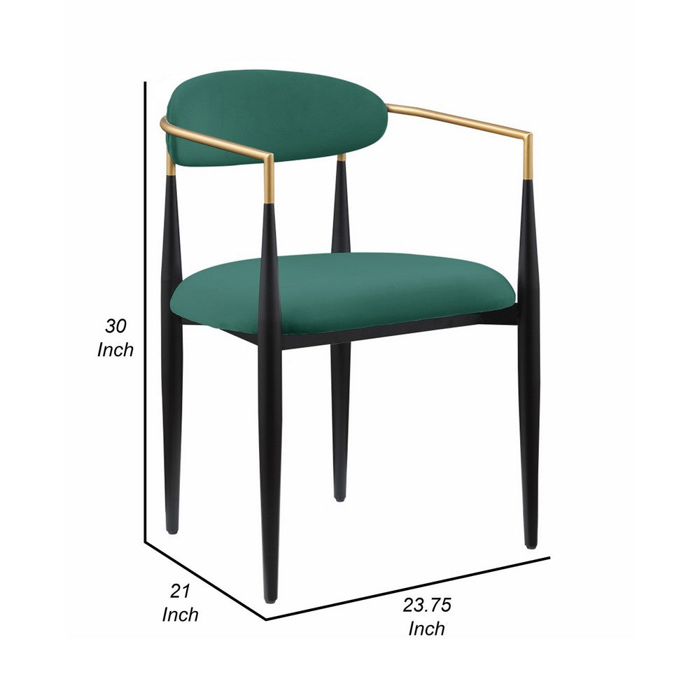 Benjara Kenny 21 Inch Dining Chairs Set of 2, Green Fabric, Foam Padded, Gold And Black Metal