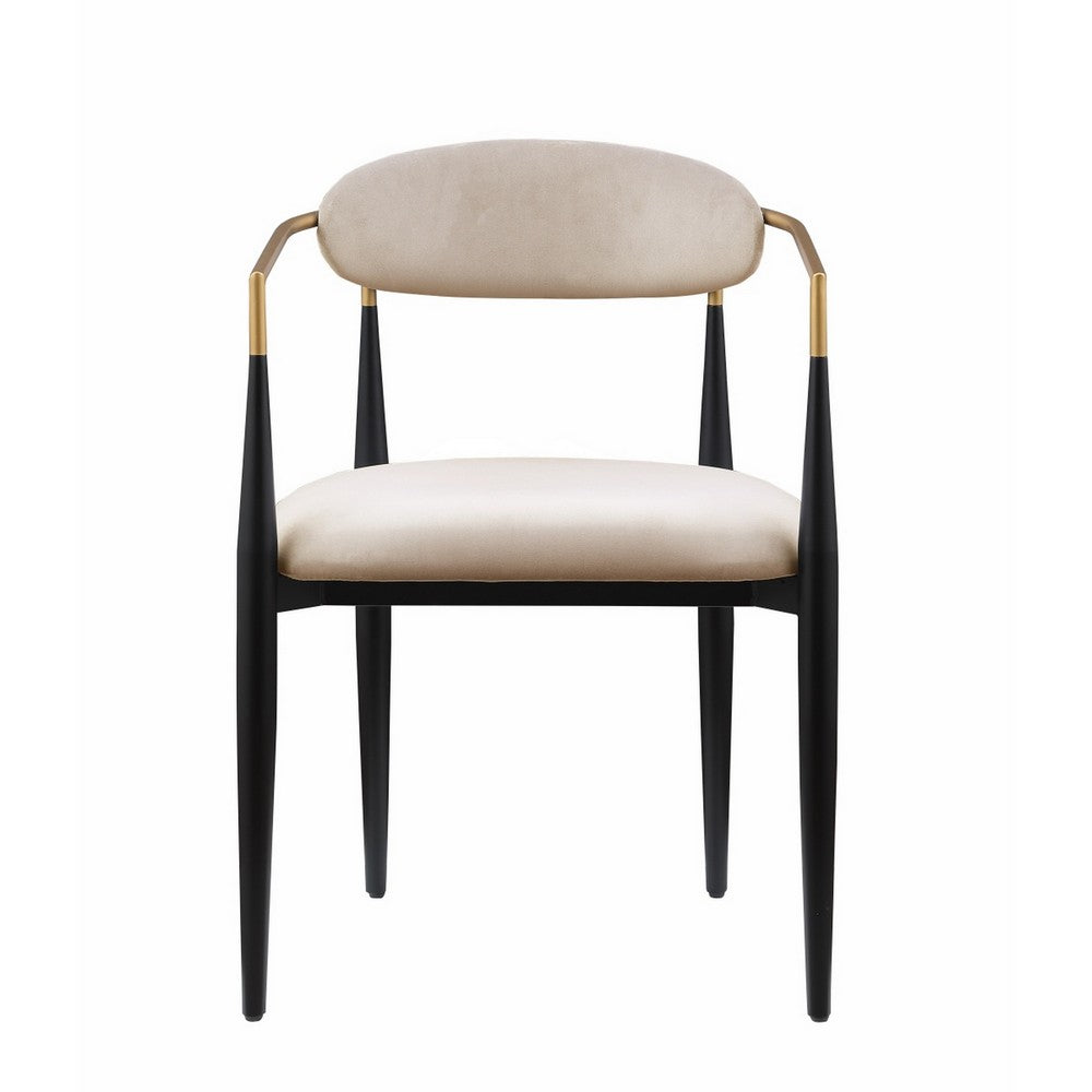 Benjara Kenny 21 Inch Dining Chairs Set of 2, Taupe Fabric, Foam Padded, Gold And Black Metal