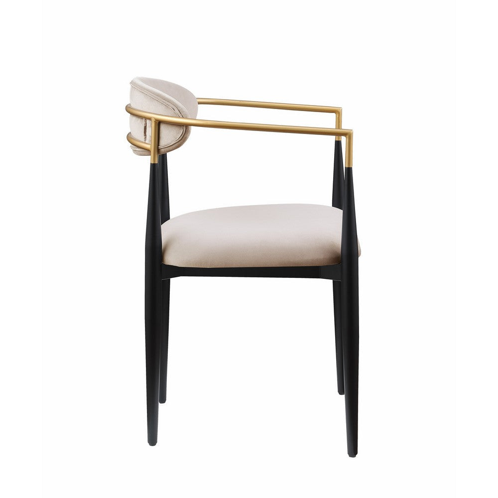 Benjara Kenny 21 Inch Dining Chairs Set of 2, Taupe Fabric, Foam Padded, Gold And Black Metal