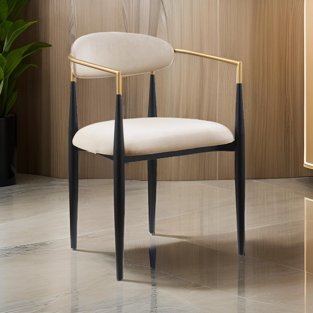 Benjara Kenny 21 Inch Dining Chairs Set of 2, Taupe Fabric, Foam Padded, Gold And Black Metal