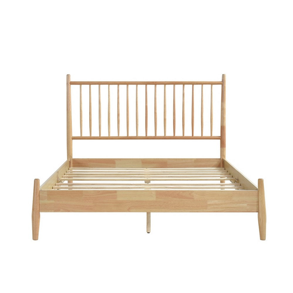 Benjara Lika Full Platform Bed, Vertical Slatted Headboard, Natural Brown Wood