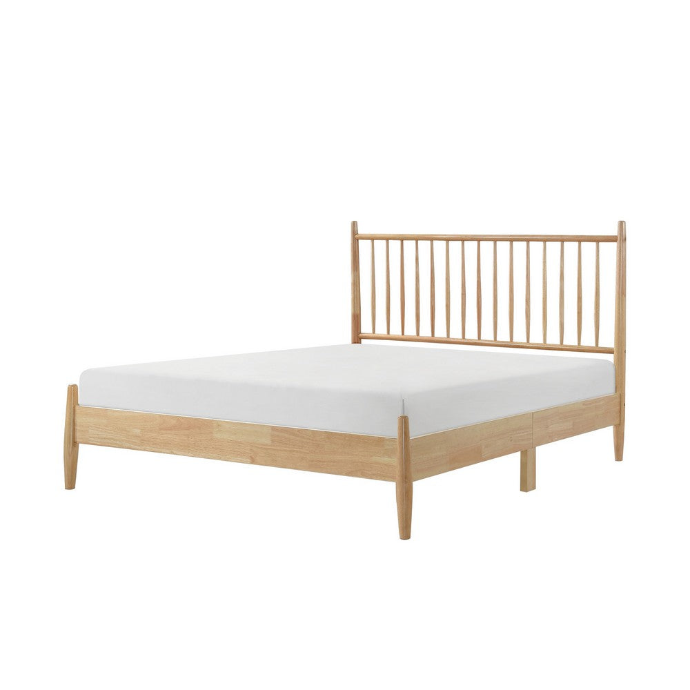 Benjara Lika Full Platform Bed, Vertical Slatted Headboard, Natural Brown Wood