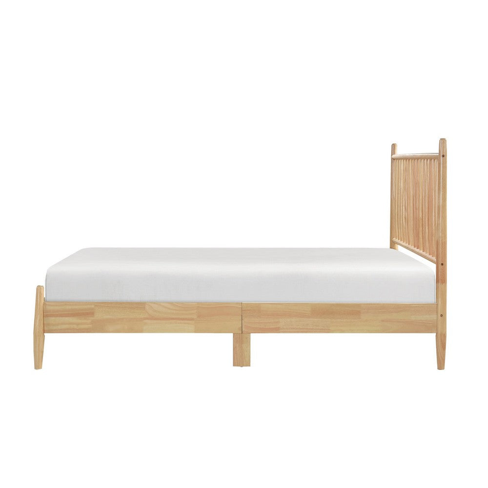 Benjara Lika Full Platform Bed, Vertical Slatted Headboard, Natural Brown Wood