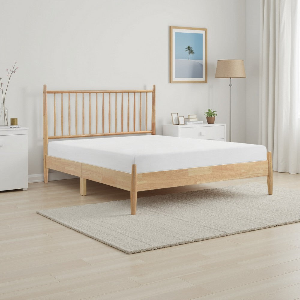 Benjara Lika Full Platform Bed, Vertical Slatted Headboard, Natural Brown Wood