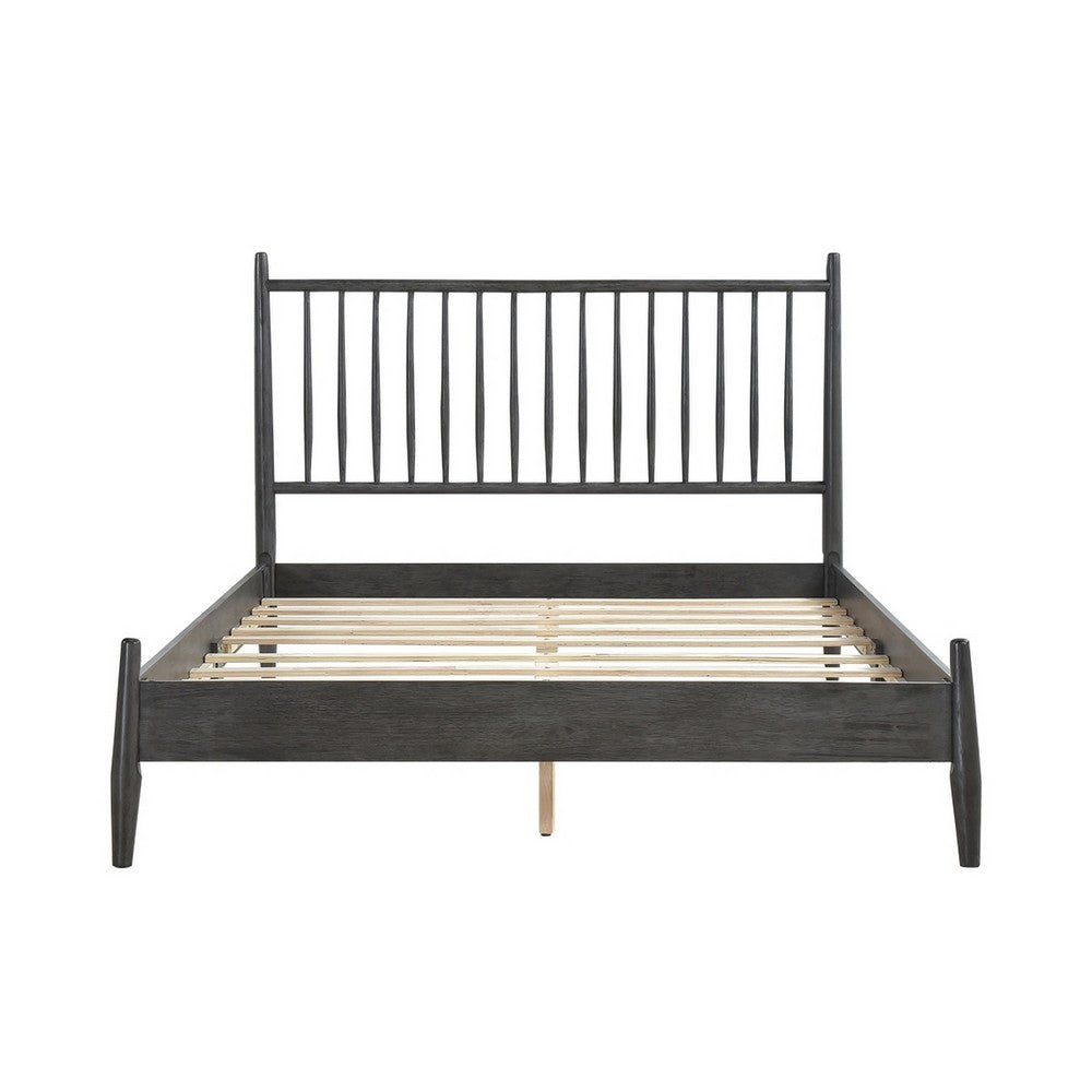 Benjara Lika Full Platform Bed, Vertical Slatted Headboard, Charcoal Gray Wood