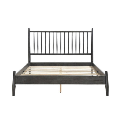 Benjara Lika Full Platform Bed, Vertical Slatted Headboard, Charcoal Gray Wood
