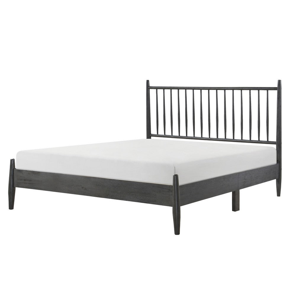 Benjara Lika Full Platform Bed, Vertical Slatted Headboard, Charcoal Gray Wood