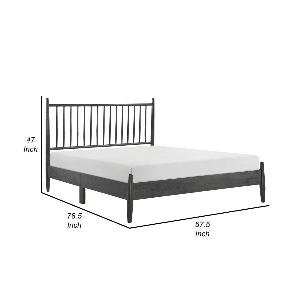 Benjara Lika Full Platform Bed, Vertical Slatted Headboard, Charcoal Gray Wood