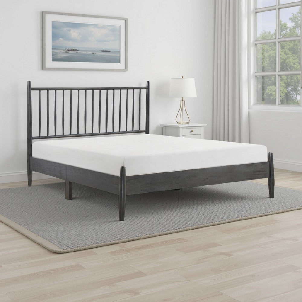 Benjara Lika Full Platform Bed, Vertical Slatted Headboard, Charcoal Gray Wood