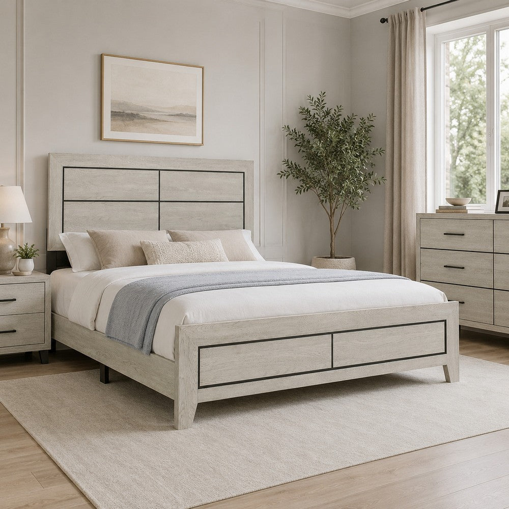 Benjara Quin California King Bed, Faux Wood Grains, Defined Accent Lines, Brown