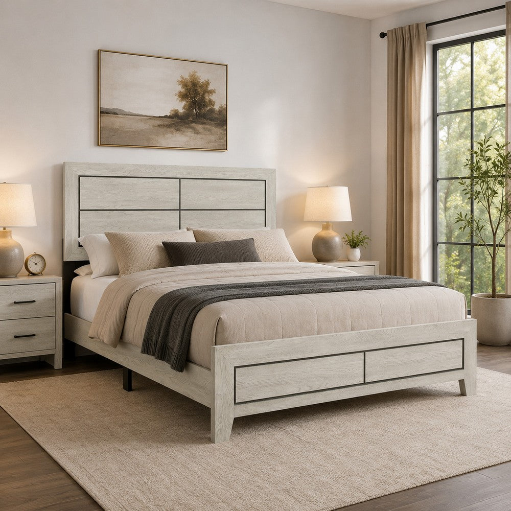 Benjara Quin California King Bed, Faux Wood Grains, Defined Accent Lines, Brown