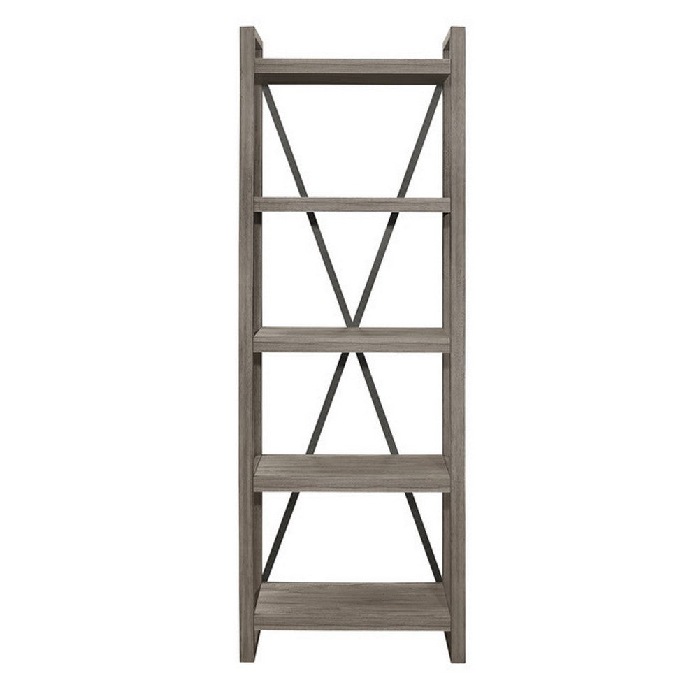 Benjara Rie 77 Inch Bookshelf, 4 Tiers , Metal X Shaped Support, Rustic Gray Wood