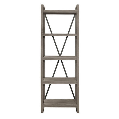 Benjara Rie 77 Inch Bookshelf, 4 Tiers , Metal X Shaped Support, Rustic Gray Wood