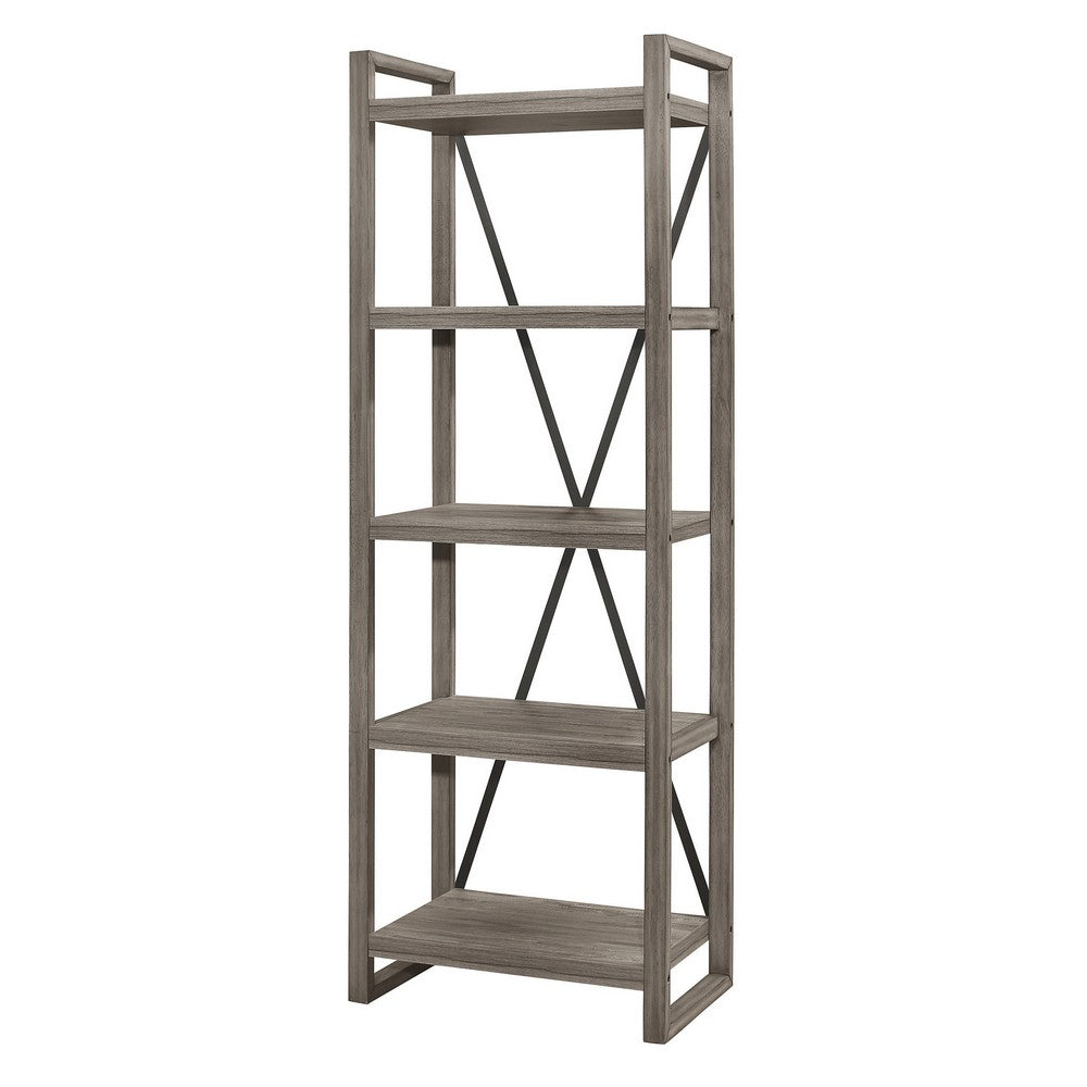 Benjara Rie 77 Inch Bookshelf, 4 Tiers , Metal X Shaped Support, Rustic Gray Wood