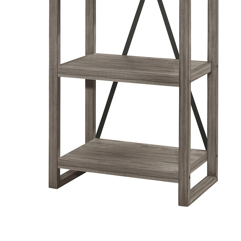Benjara Rie 77 Inch Bookshelf, 4 Tiers , Metal X Shaped Support, Rustic Gray Wood