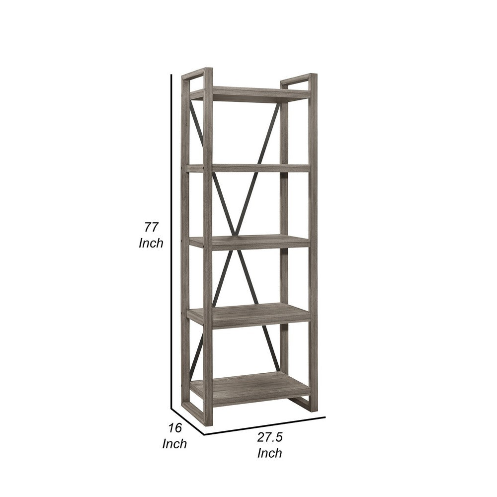 Benjara Rie 77 Inch Bookshelf, 4 Tiers , Metal X Shaped Support, Rustic Gray Wood