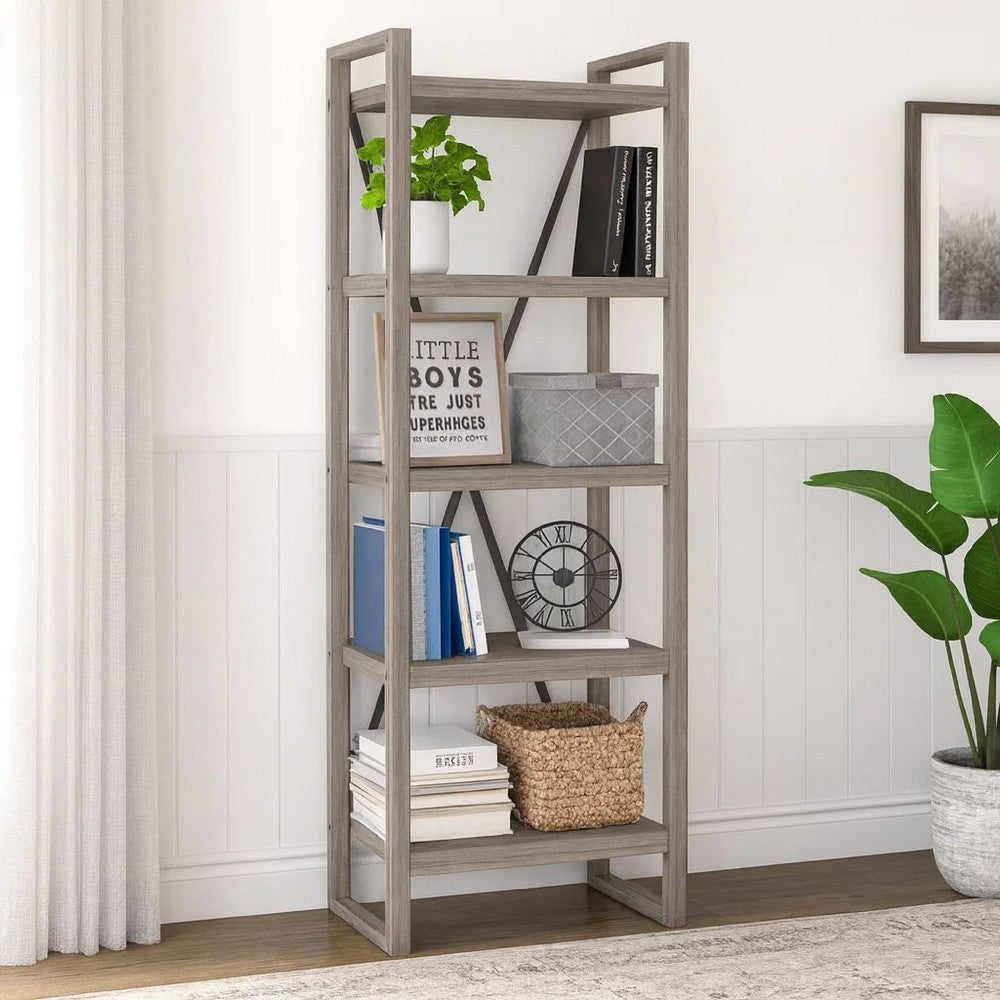 Benjara Rie 77 Inch Bookshelf, 4 Tiers , Metal X Shaped Support, Rustic Gray Wood