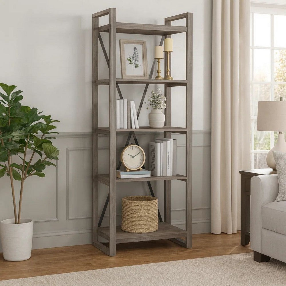 Benjara Rie 77 Inch Bookshelf, 4 Tiers , Metal X Shaped Support, Rustic Gray Wood