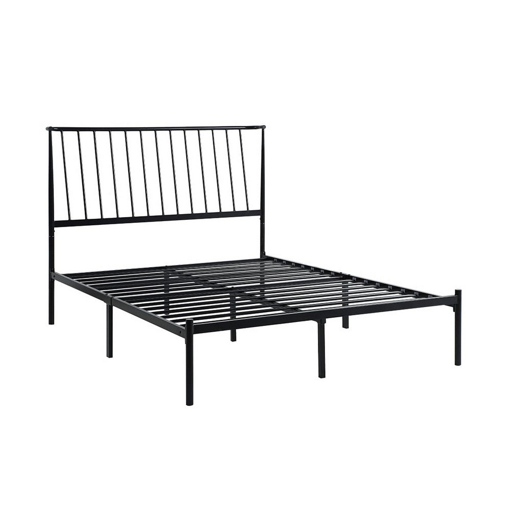 Benjara Angie King Size Platform Metal Bed, Subtly Angled Slats on Headboard, Black