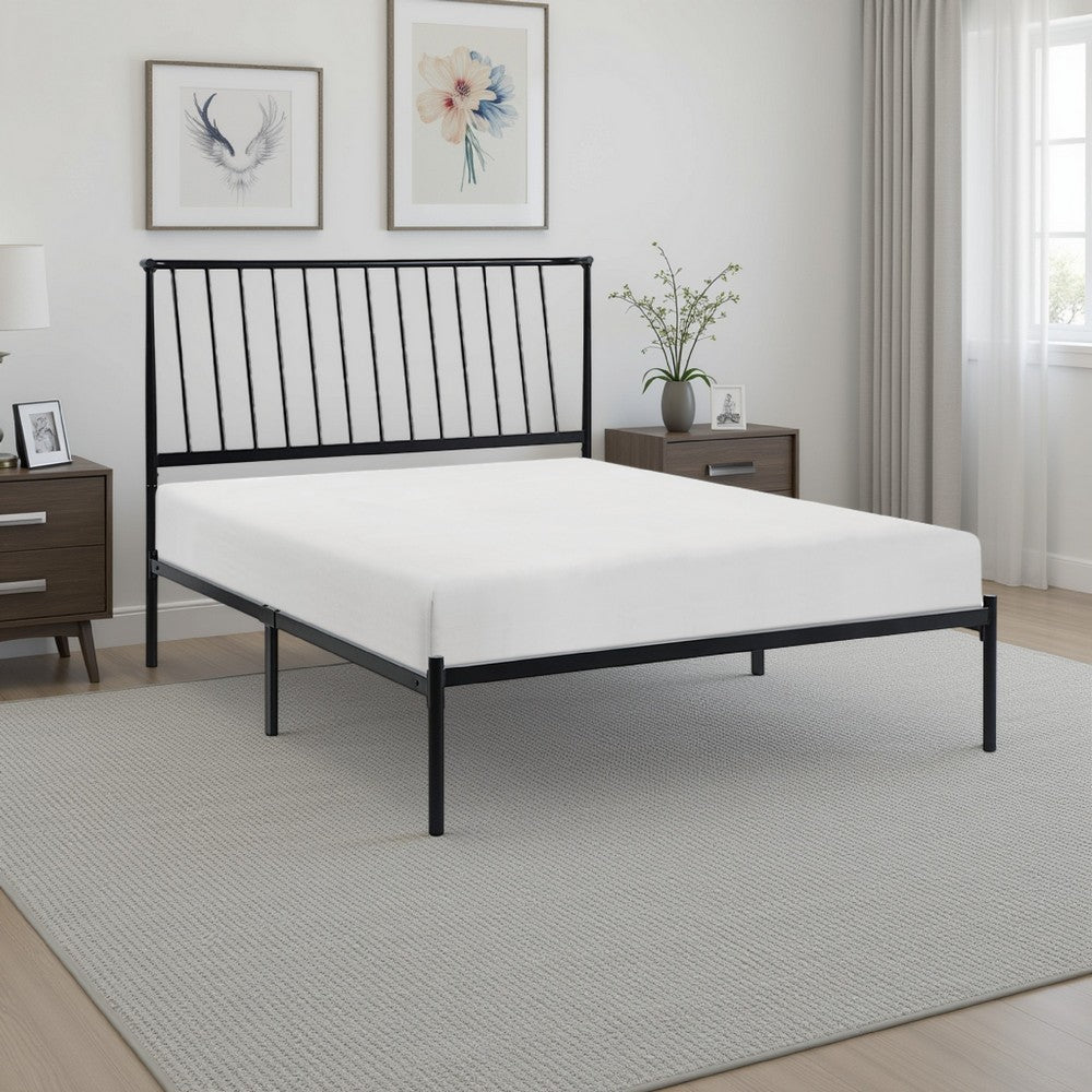 Benjara Angie King Size Platform Metal Bed, Subtly Angled Slats on Headboard, Black