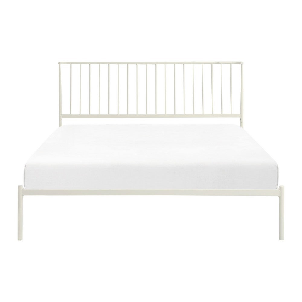 Benjara Angie King Size Platform Metal Bed, Subtly Angled Slats on Headboard, White