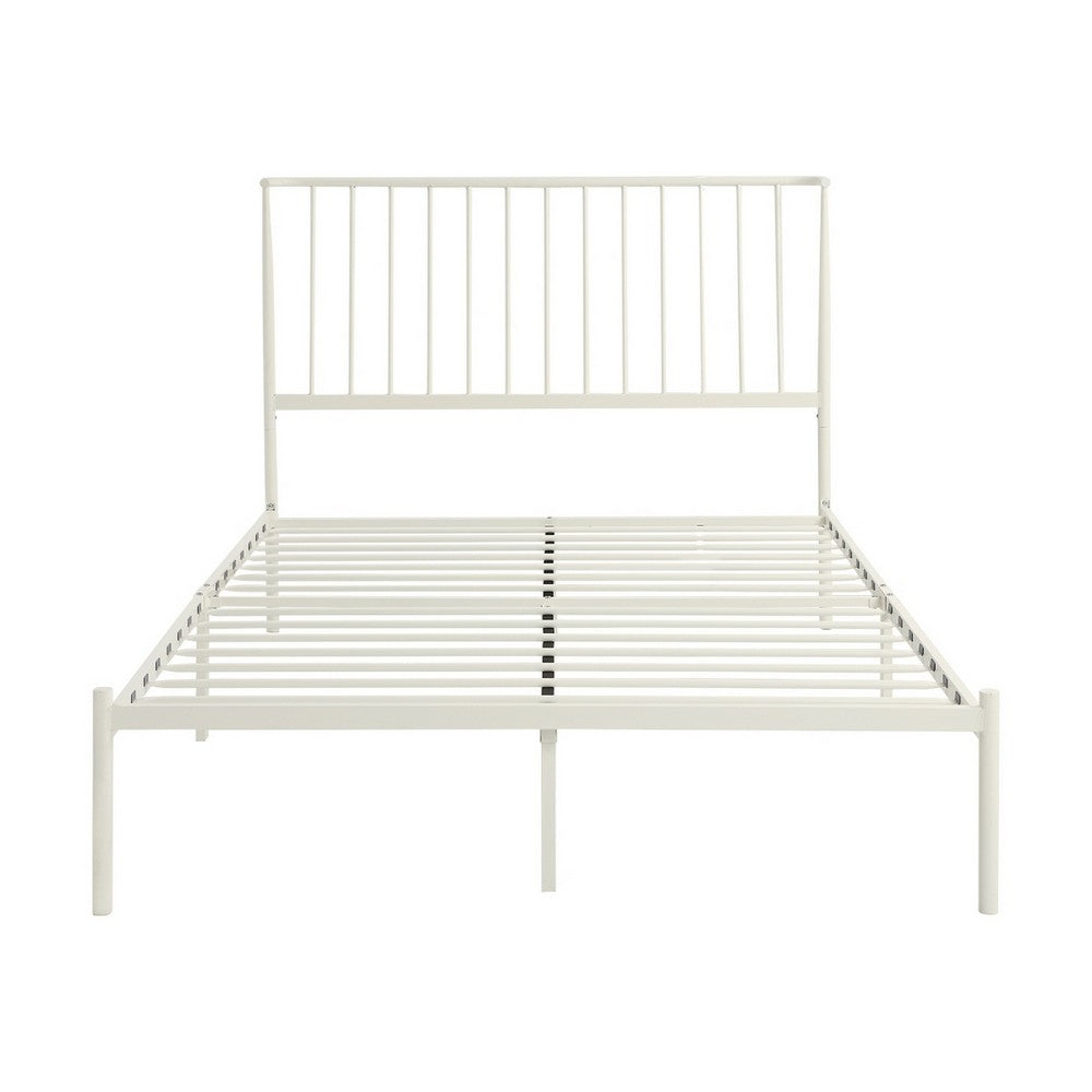 Benjara Angie King Size Platform Metal Bed, Subtly Angled Slats on Headboard, White