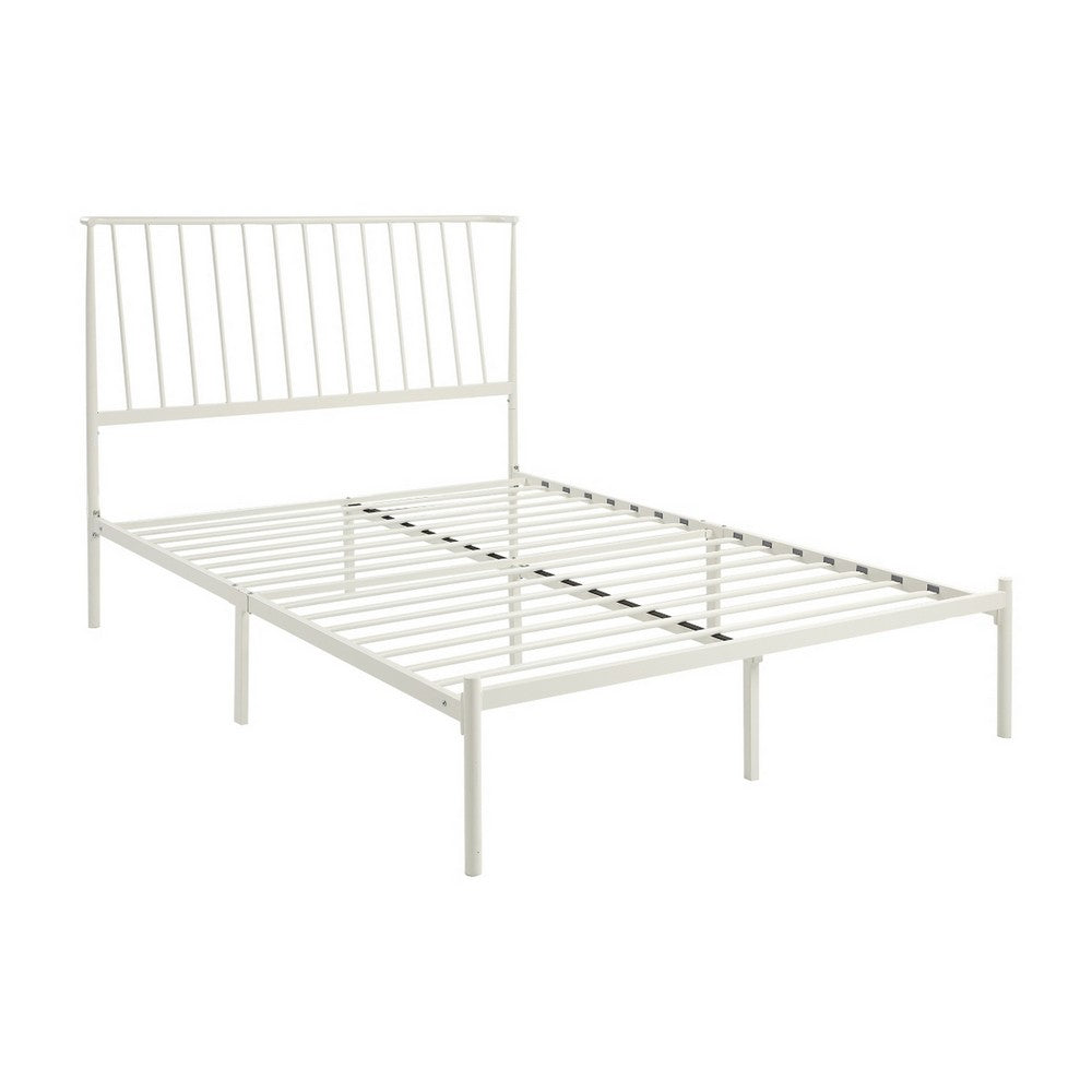 Benjara Angie King Size Platform Metal Bed, Subtly Angled Slats on Headboard, White