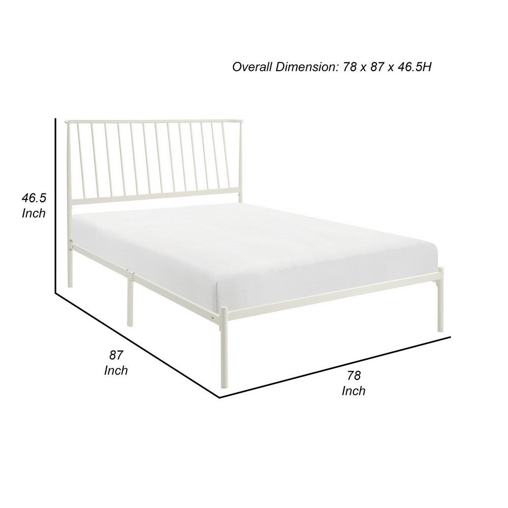 Benjara Angie King Size Platform Metal Bed, Subtly Angled Slats on Headboard, White