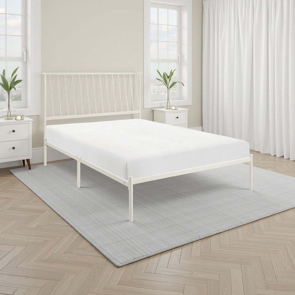 Benjara Angie King Size Platform Metal Bed, Subtly Angled Slats on Headboard, White
