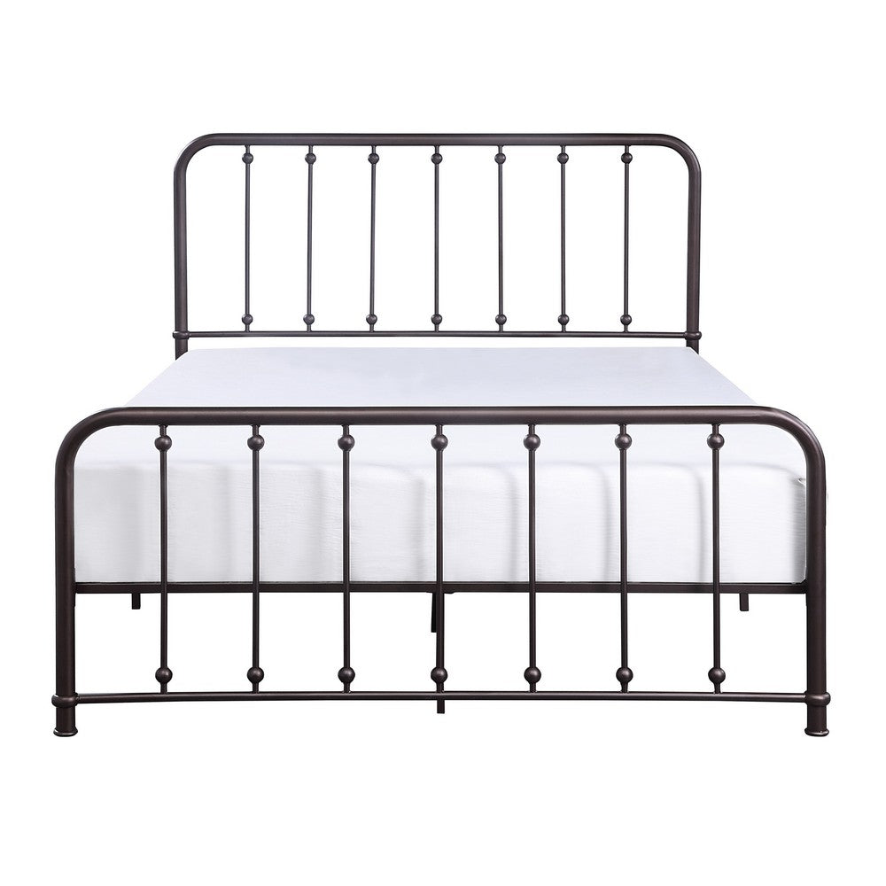 Benjara Ken King Size Metal Bed, Ball Accents on Vertical Slats, Antique Bronze