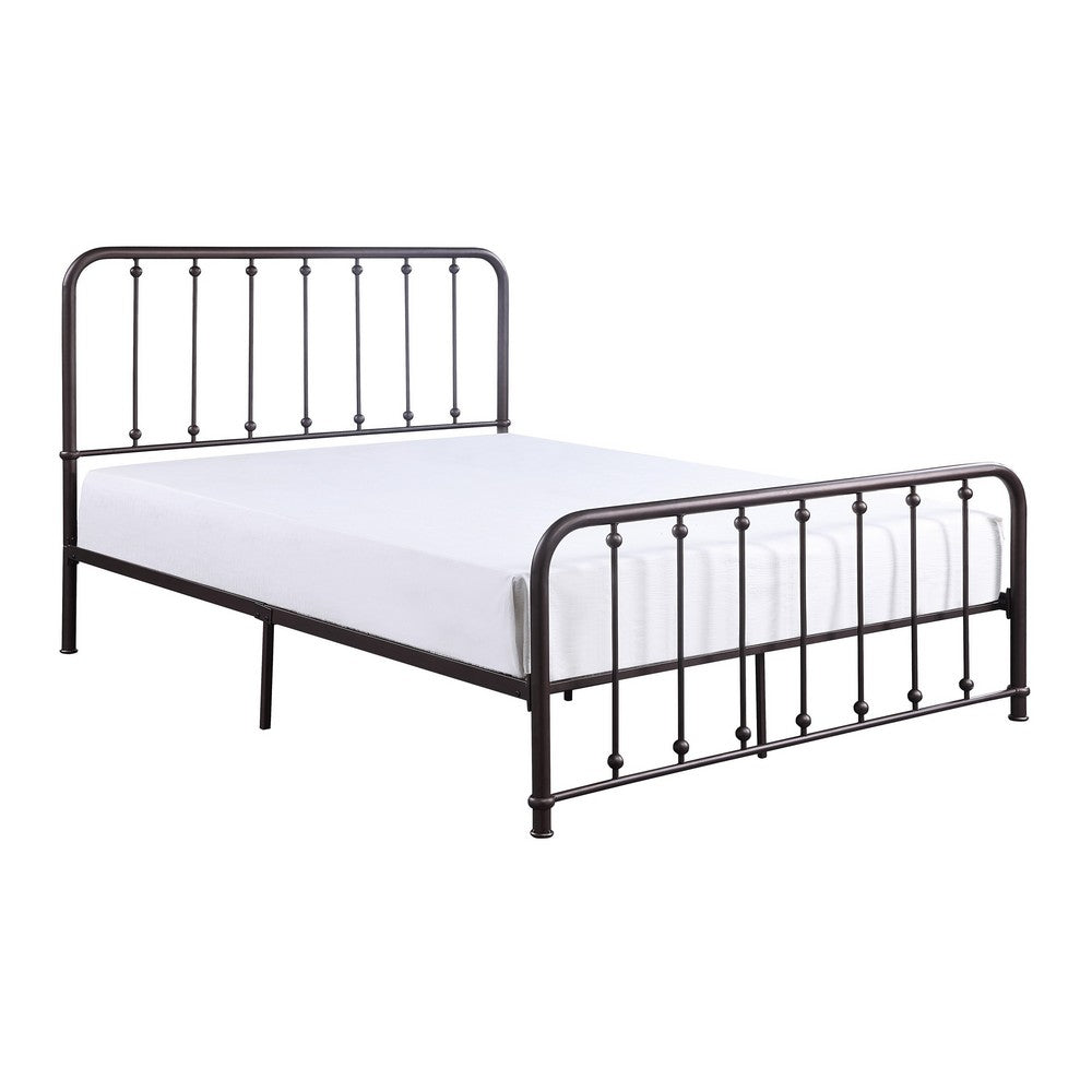 Benjara Ken King Size Metal Bed, Ball Accents on Vertical Slats, Antique Bronze