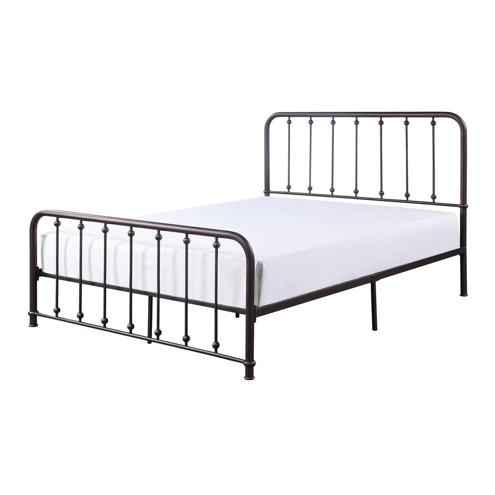 Benjara Ken King Size Metal Bed, Ball Accents on Vertical Slats, Antique Bronze