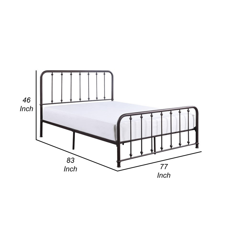 Benjara Ken King Size Metal Bed, Ball Accents on Vertical Slats, Antique Bronze