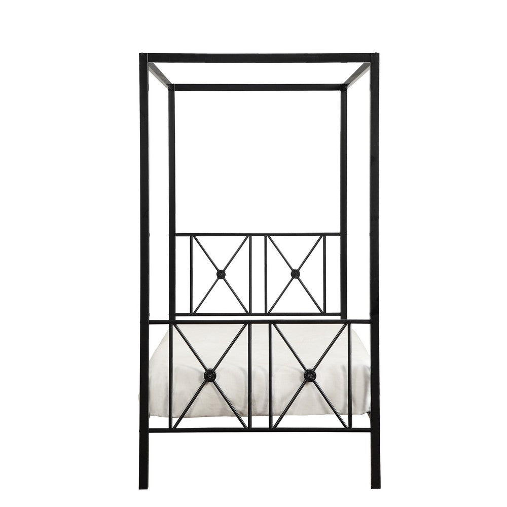 Benjara Lone Metal Canopy Bed Twin Size, Square Posts, Platform Base, Modern Black