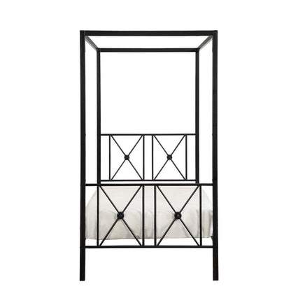 Benjara Lone Metal Canopy Bed Twin Size, Square Posts, Platform Base, Modern Black
