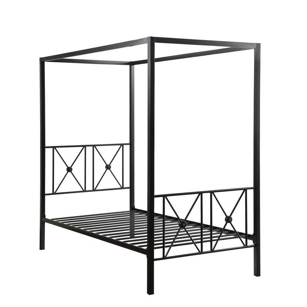Benjara Lone Metal Canopy Bed Twin Size, Square Posts, Platform Base, Modern Black