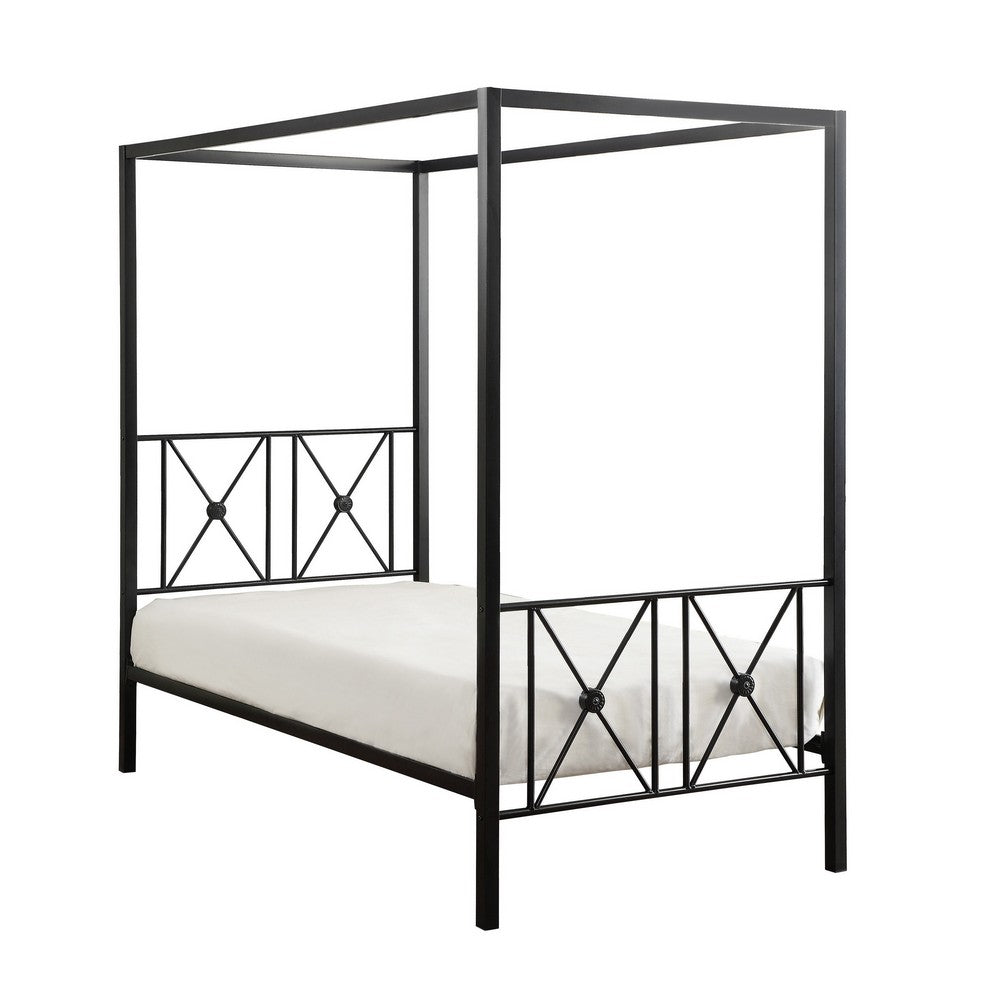 Benjara Lone Metal Canopy Bed Twin Size, Square Posts, Platform Base, Modern Black
